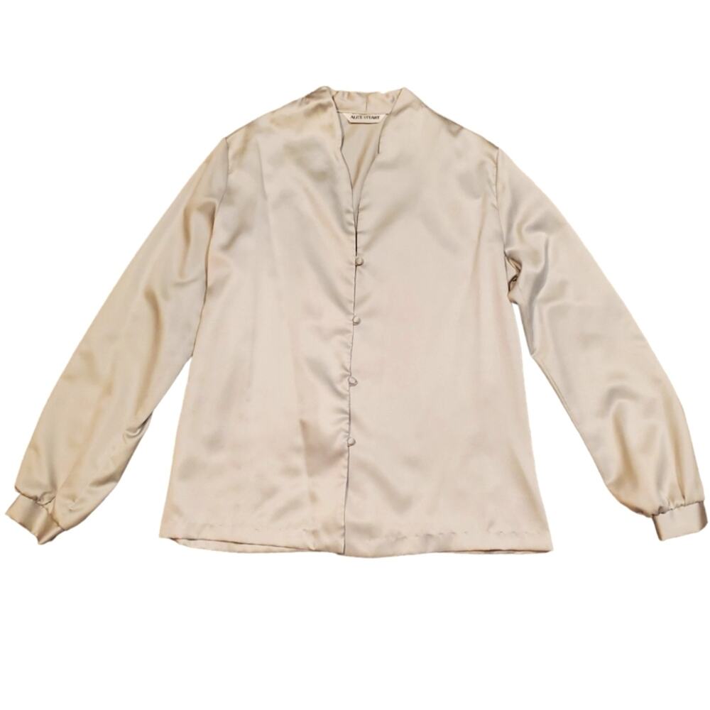 Alice Stuart Champagne Gray Satin Button Front Blouse Estimated Small